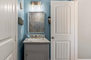 Hair dryer, towels, soap, shampoo