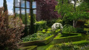 Ein gepflegter Garten mit geometrischen Hecken, verschiedenen Pflanzen und einem modernen Gebäude mit großen Fenstern.