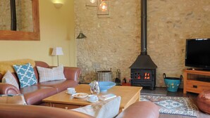 Una sala de estar acogedora con pared de piedra, chimenea, sofá de cuero y televisor.