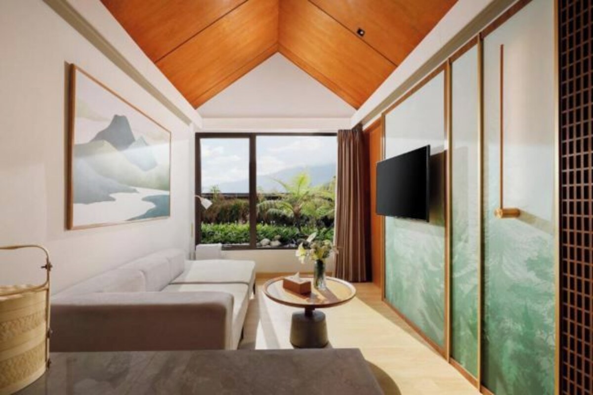 Una sala de estar moderna con techo de madera, un ventanal con vistas a la montaña, un televisor de pantalla plana y un sofá.