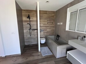 Chuveiro, secador de cabelo, toalhas de banho, papel higiênico