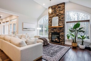 Smart TV, fireplace, video games, foosball