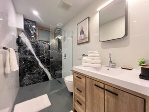 Hair dryer, towels, soap, toilet paper