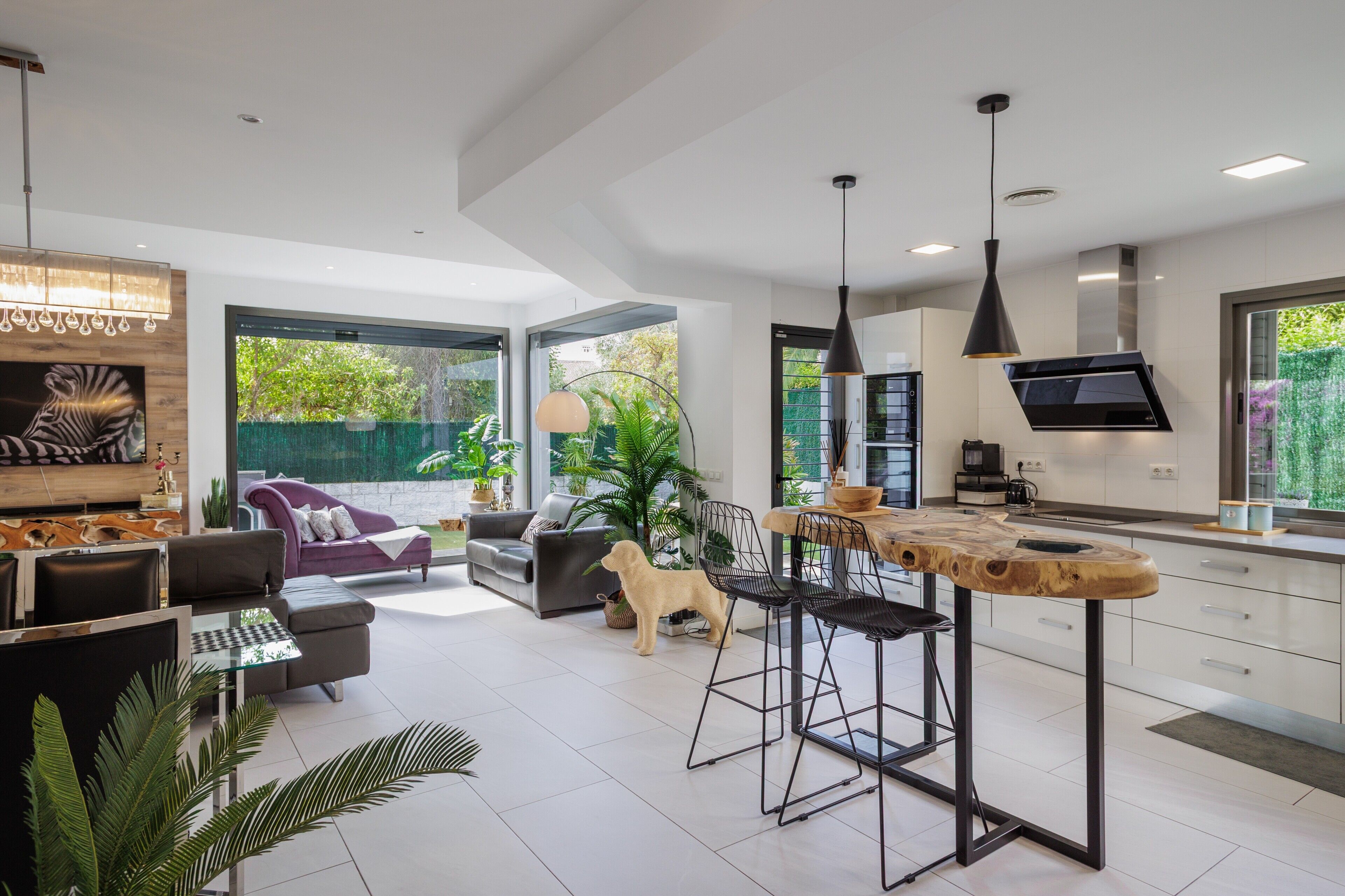 A modern kitchen with a bar area, large windows, and a dog in the living area.
