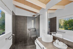 Shower, hair dryer, towels, soap
