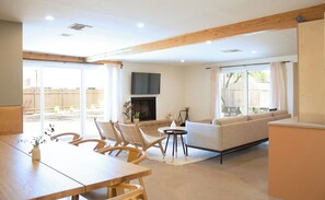 TV, fireplace, foosball, books