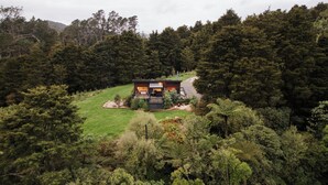 A modern cabin with a deck, surrounded by dense forest. - Hidden Springs Retreat - Karangahake Mountain View (Waihi)