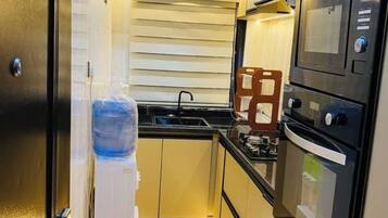 Apartemen Junior, balkon, pemandangan kota | Dapur pribadi | Lemari es kecil, microwave, oven, dan kompor