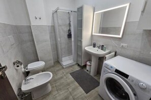 Shower, hair dryer, bidet, towels