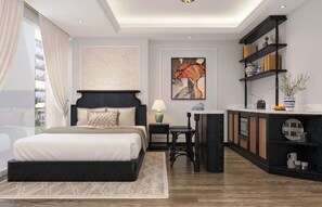 A modern bedroom with a large bed, a desk, and a bookshelf. - Soho Premium Suites - Ben Thanh Market Area & SG's Heart (Ho Chi Minh City)
