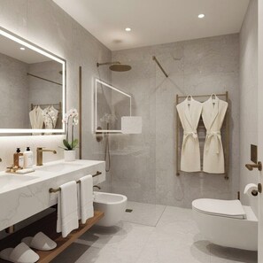 Hair dryer, bidet, towels, soap