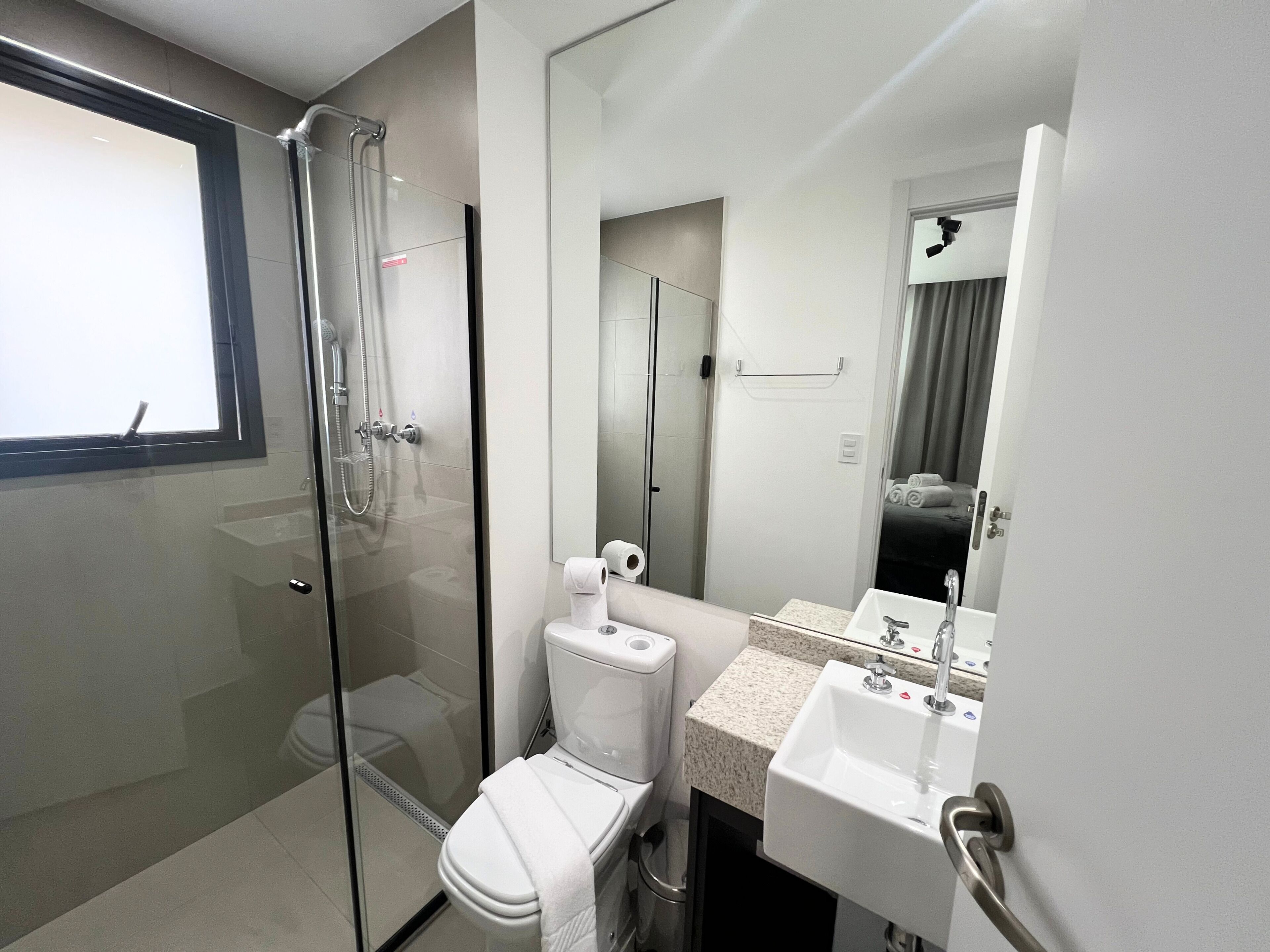 A modern bathroom with a glass-enclosed shower, a toilet, a sink, and a mirror.