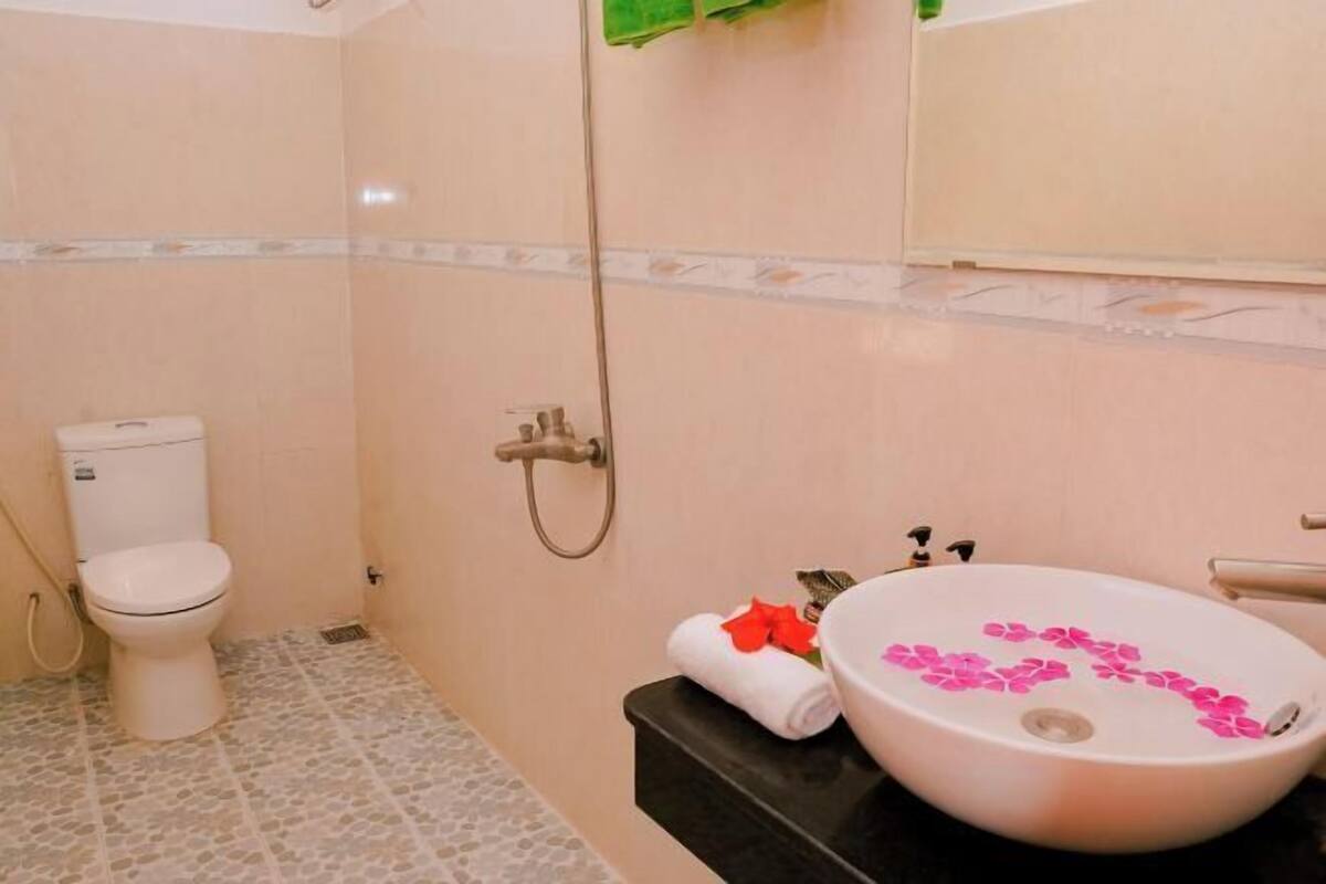 A bathroom with a toilet, a sink with pink flower petals, and a shower.