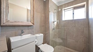 Een badkamer met douche, toilet en wastafel.