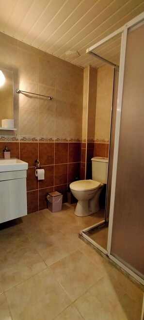 Buồng tắm vòi sen, máy sấy tóc, khăn tắm, xà phòng