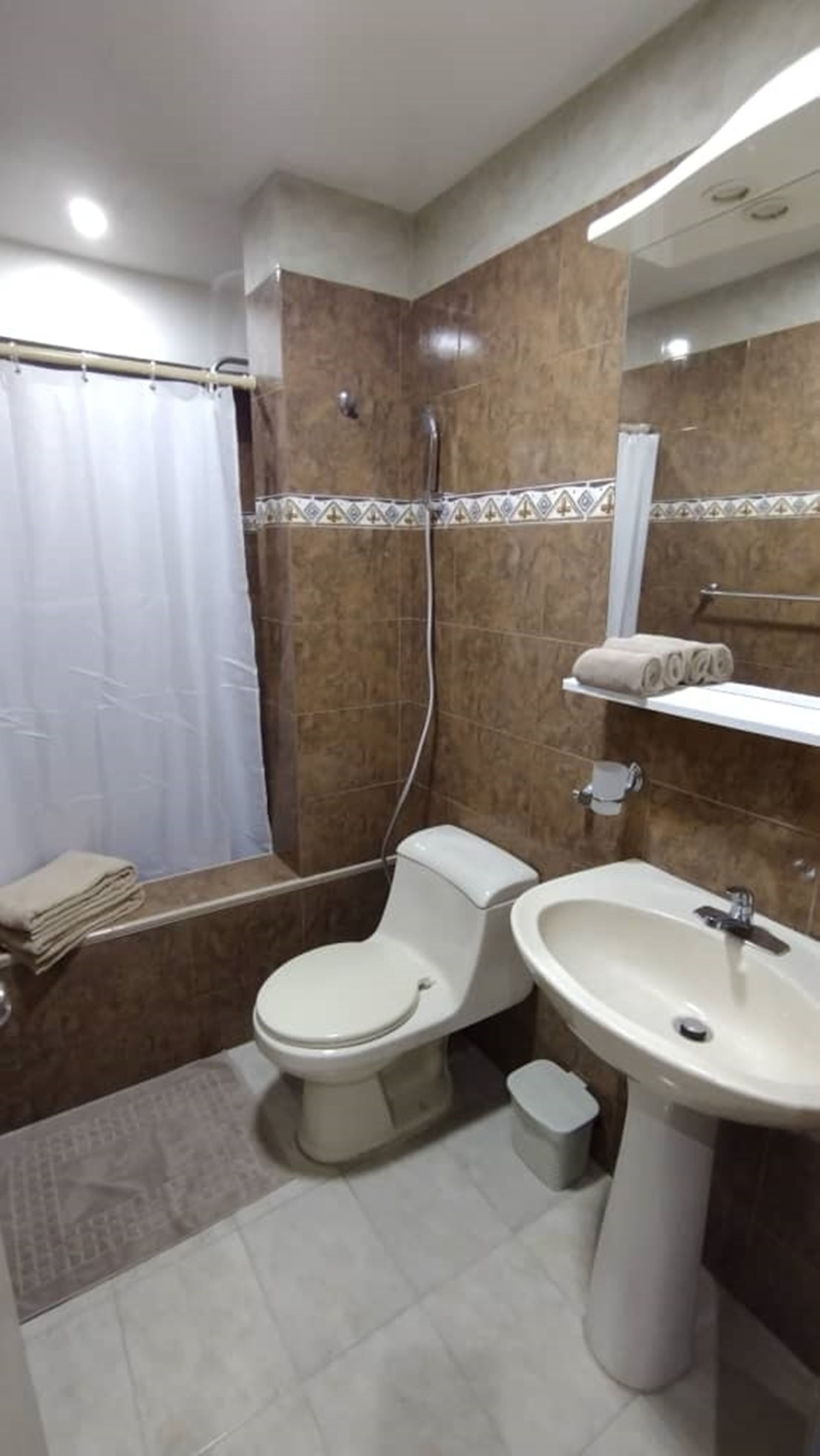 A bathroom with a shower, toilet, and sink.