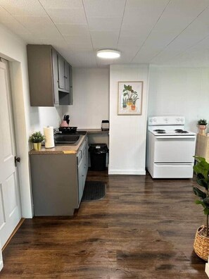 Frigorífico, microondas, horno y placa de cocina