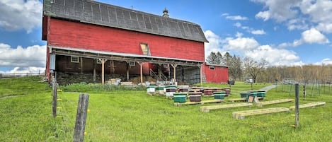 A red barn with a covered porch, surrounded by green grass and trees.