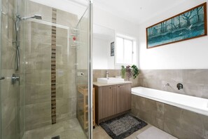 Hair dryer, towels, soap, toilet paper