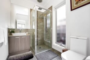 Hair dryer, towels, soap, toilet paper