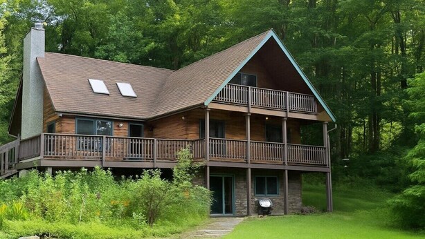 A two-story log cabin with a balcony, surrounded by lush greenery. - A 100‑Acre Retreat for Gatherings of All Sizes (Pleasant Mount)
