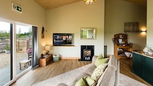 Una sala de estar acogedora con chimenea, televisor y vistas al exterior.