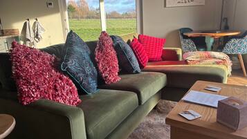 Smart-tv, eldstad och böcker