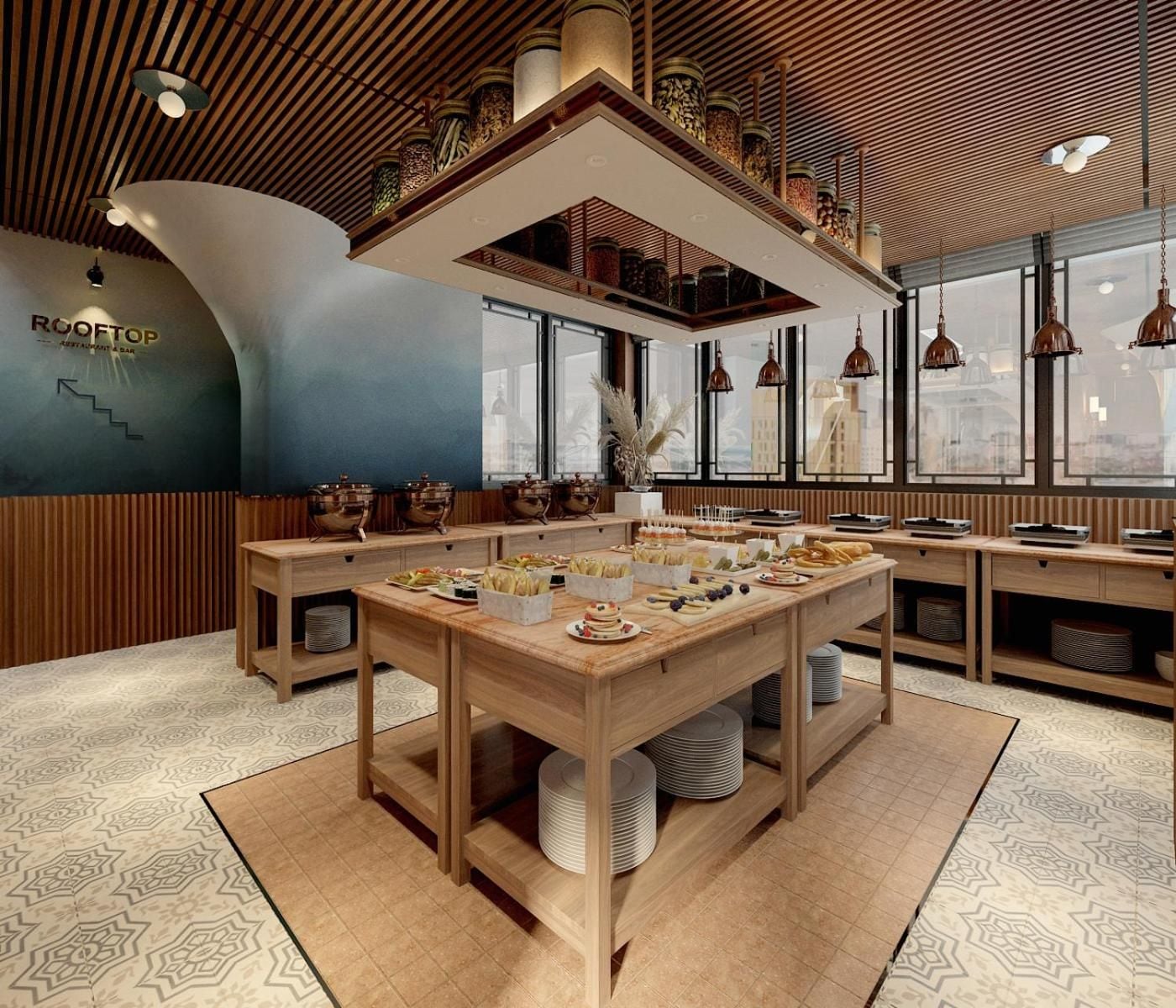 Un restaurante con techo alto, vigas de madera y una mesa central llena de comida y bebidas.