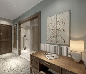 A modern room with a wooden desk, a radiator, and a wall-mounted lamp. - La Passion Hanoi Hotel & Spa (Hanoi)