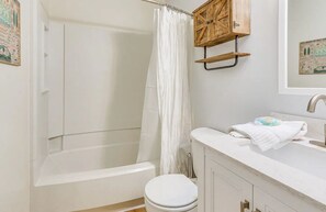 Sèche-cheveux, serviettes fournies, savon, papier toilette