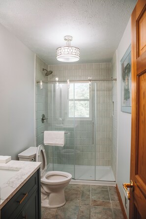 Shower, hair dryer, towels, soap