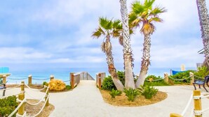 Un sendero que lleva a una playa con palmeras y vistas al océano.