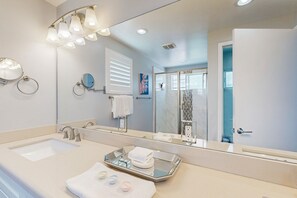 Shower, hair dryer, towels