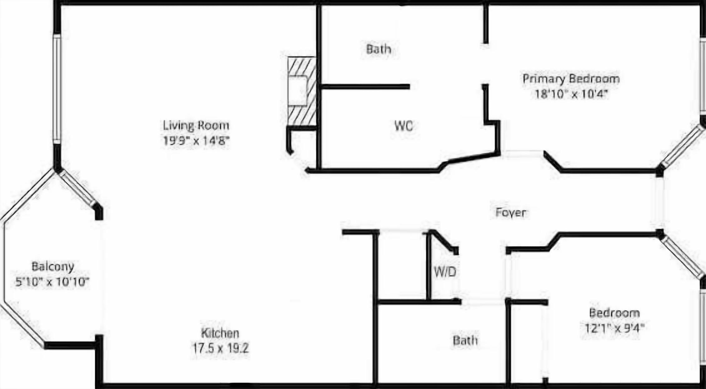 A floor plan with a living room, kitchen, balcony, primary bedroom, secondary bedroom, and bathroom.