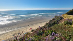 A beach with people, a clear sky, and a view of the ocean.