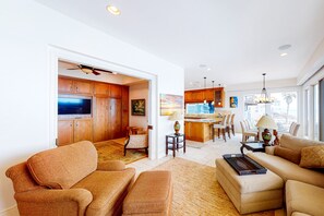 Smart TV, fireplace, DVD player, books