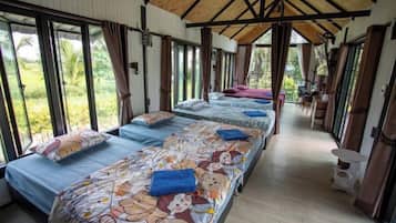 Down comforters, desk, blackout drapes, rollaway beds