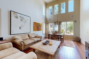 Televisión, chimenea, libros y estéreo 