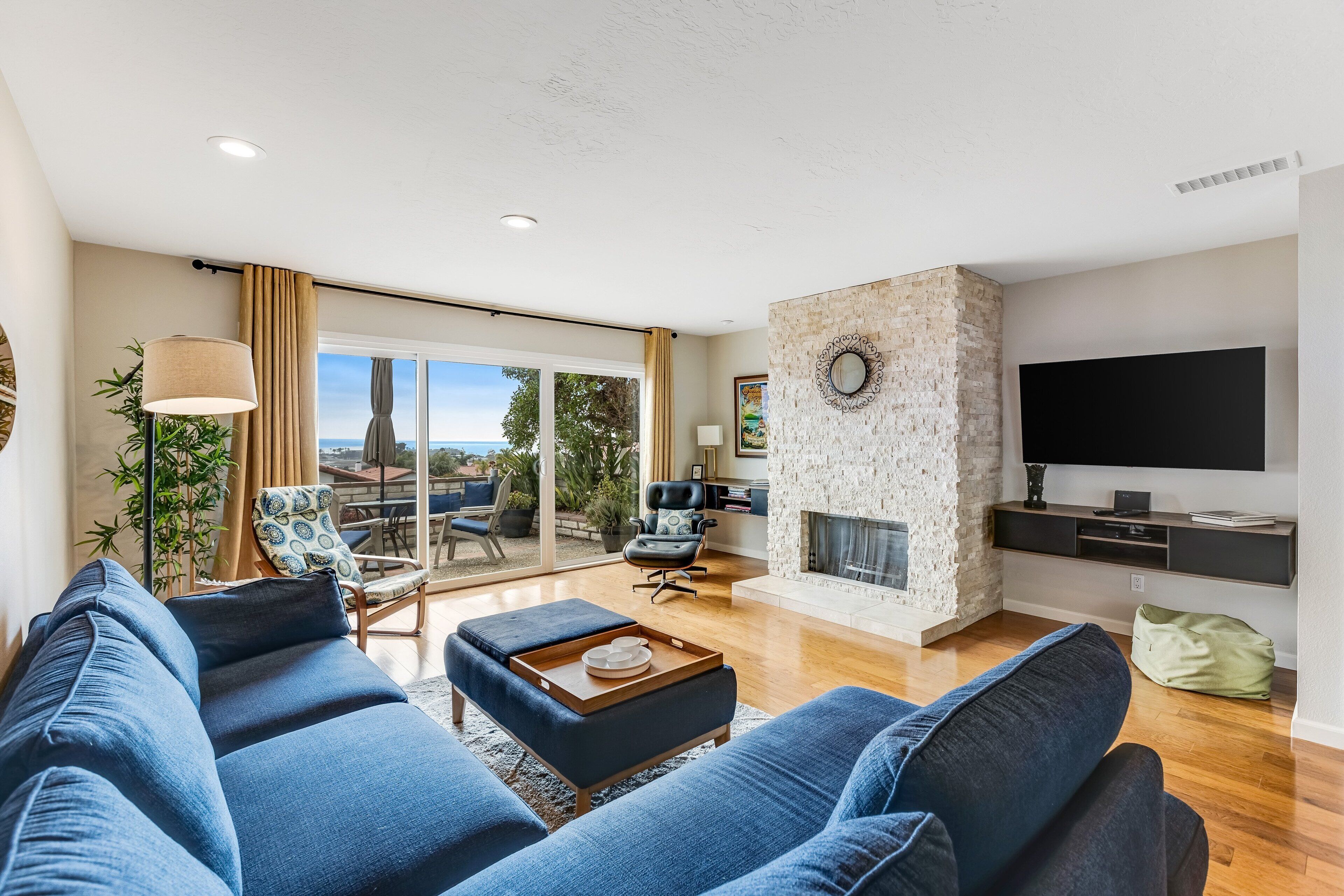 TV, fireplace, books, stereo