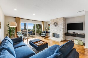 TV, fireplace, books, stereo