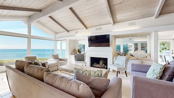 Televisión, chimenea y libros
