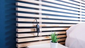 A bedside table with a small potted plant, a power outlet, and a wall-mounted light switch. - Séjour en centre-ville - rénové et confortable (Lorient)
