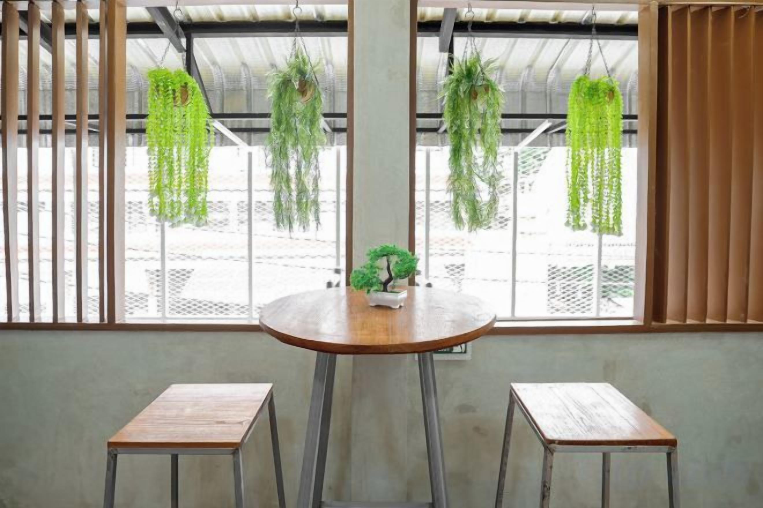 Una habitación con una mesa redonda, dos taburetes de madera y plantas colgantes.