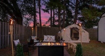 Elegant 5BR Sanctuary: Glamping Pit & Luxe Outdoor Lounge