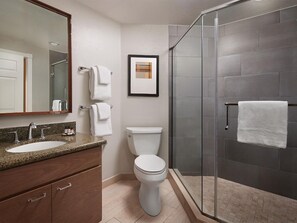 Shower, jetted tub, hair dryer, towels