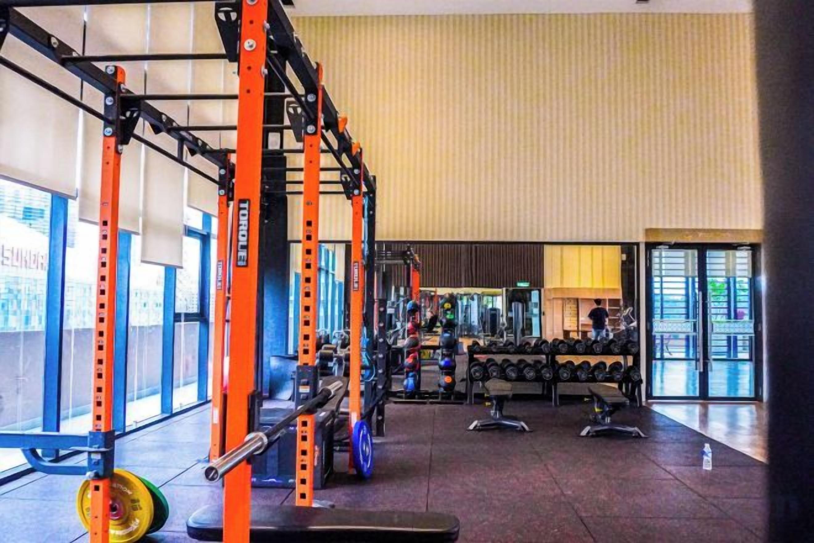 A gym with weightlifting equipment, dumbbells, and a weight rack.