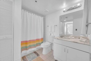 Hair dryer, towels, soap, toilet paper