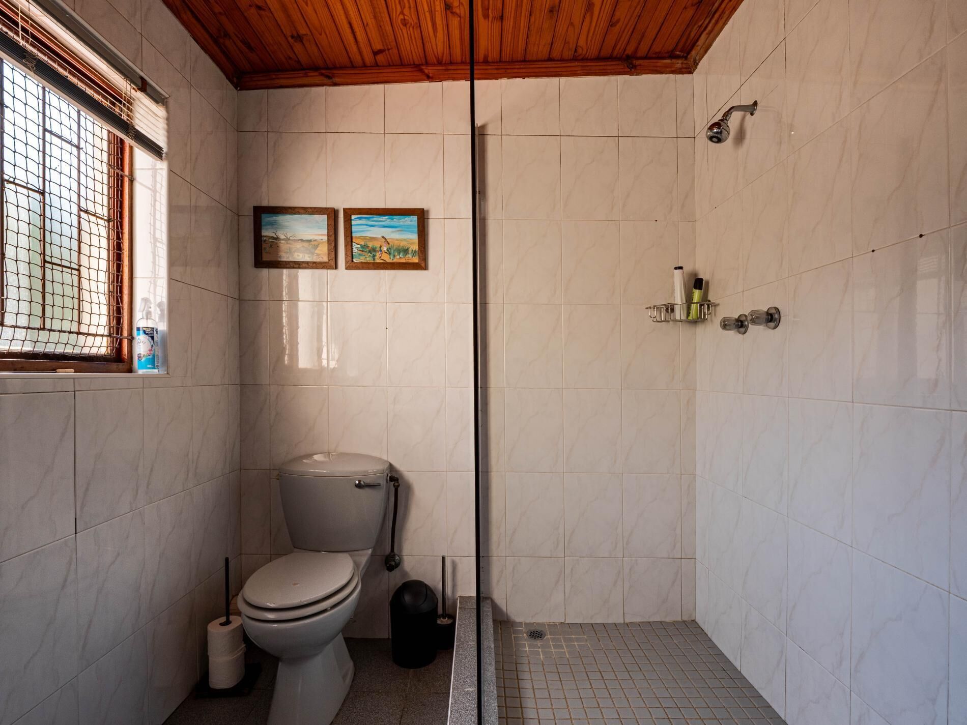 A bathroom with a toilet, a shower, and two framed pictures on the wall.