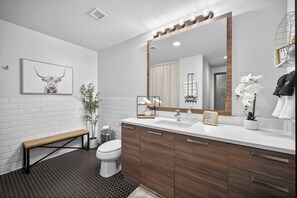 Douche, séchoir à cheveux, serviettes fournies, shampooing