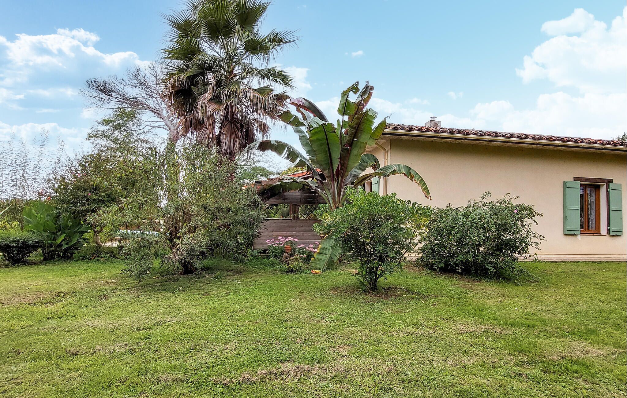 A house with a garden, a palm tree, and a small building with a red roof.